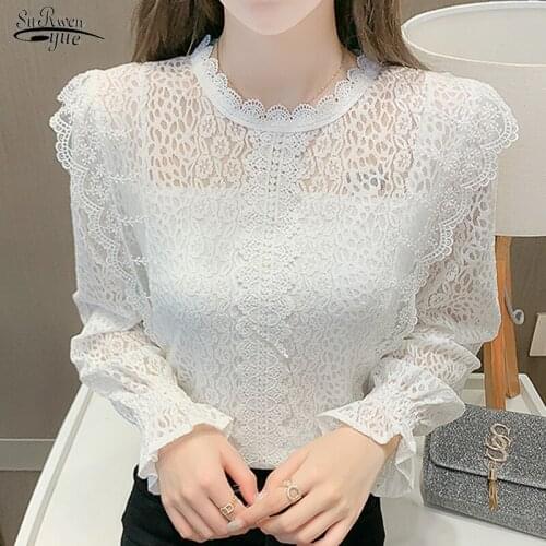 Elegant Ruffled Pleated Lace Blouse Autumn All-match Crochet Hollow Thin Tops Vintage Stand Collar Puff Sleeve Solid Shirt 17245