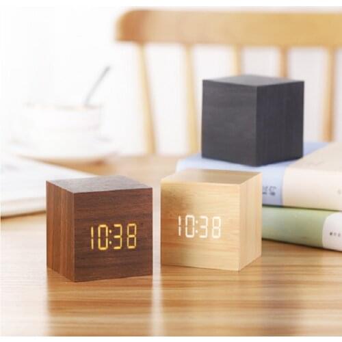 Voice-activated Electronic Digital Alarm Clock Creative LED Lazy Wooden Clock Date Temperature Clock Small Cube Art Clock
