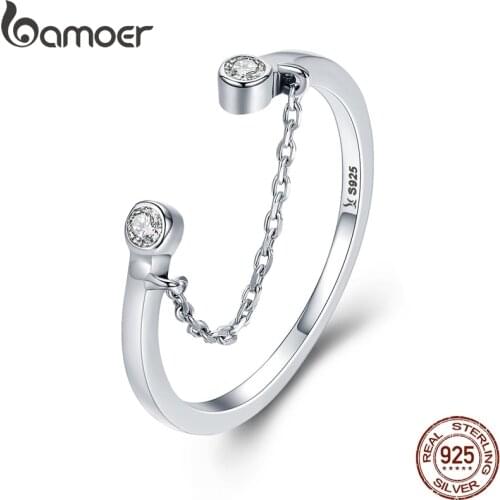 BAMOER 100% Real 925 Sterling Silver Tassel Adjustable Clear CZ Finger Ring Women Ring Sterling Silver Ring Jewelry SCR216