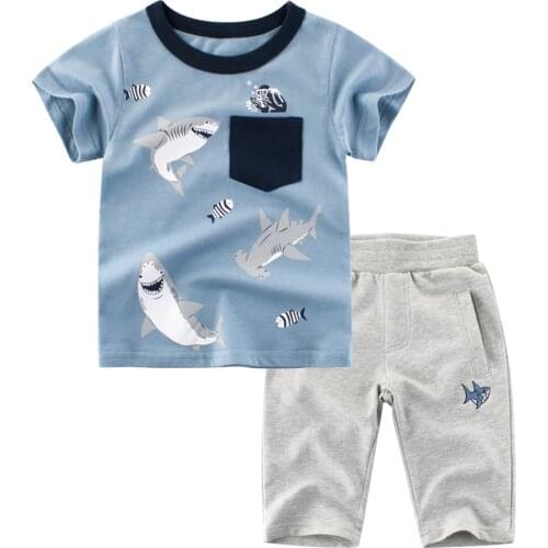 BINIDUCKLING 2020 Baby Boys Kids Clothes Set Summer Shark Printed Cotton Short Sleeve T-Shirt+Pants Suit Toddler Boy Clothing