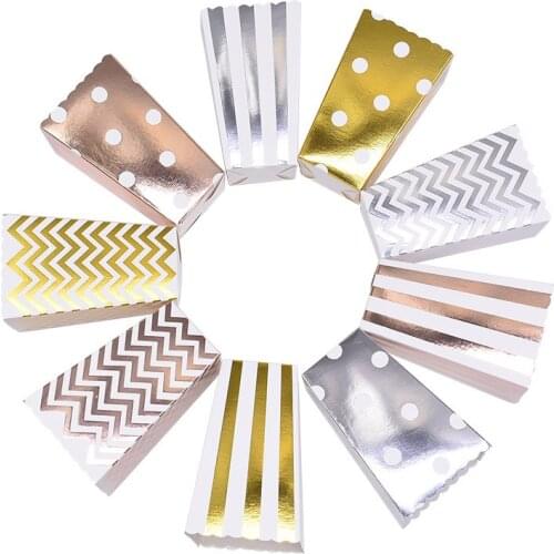 6/12pcs Rose Gold Silver Popcorn Boxes Stripe Dot Chevron Birthday Wedding Popcorn Paper Boxes Baby Shower Movie Party Tableware