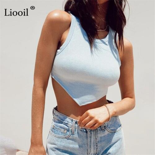Liooil Bodycon Asymmetrical Short Tank Tops Women Sexy Sleeveless O Neck Bustiers Corsets Black Crop Top Streetwear Summer 2021