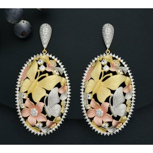ModemAngel Three Tone Copper Delicate Butterfly Flower Fashion Earring Women Engagement Bridal Wedding Dress Fashion Earring