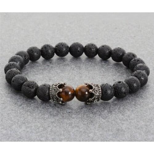 Charms Natural Stone Beads Men Crown Bracelets Black Lava Matte Bangles For Women Elastic Strand Yoga Jewelry Pulseras Mujer