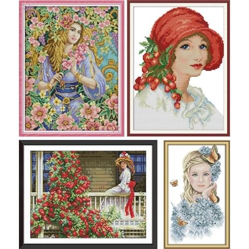 Lady Viewing Flowers Handmade Counted Cross Stitch Kits 11CT 14CT Printed Pattern Crafts DMC on Sewing Needlework Embroidery Set