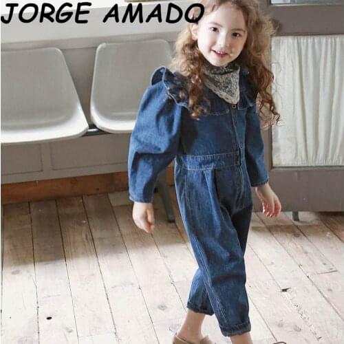 2020 Autumn New Baby Girl Denim Jeans Ruffles Jumpsuits Long Sleeve Fashion Jeans Baby Clothes 2-10Y E660