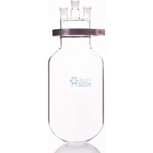 Single-layer cylindrical round bottom open reactor bottle 5000ml,150mm flange,With iron clip,Cover with three ground mouth 24/29