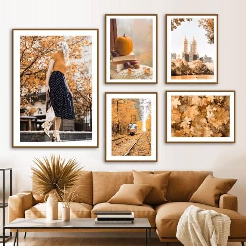 Autumn City Lake Leaf Tram Girl Car Bike Nordic Posters And Prints Wall Art Canvas Painting Wall Pictures For Living Room Decor