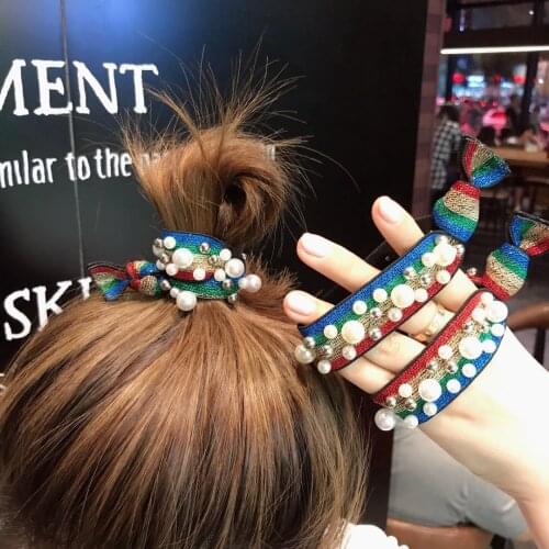 Women Elastic Hair Rope Ladies Leopard Pearl Elastics Stretchy Rainbow Hair Band Ponytail Holder Hair Accessories Korean Style