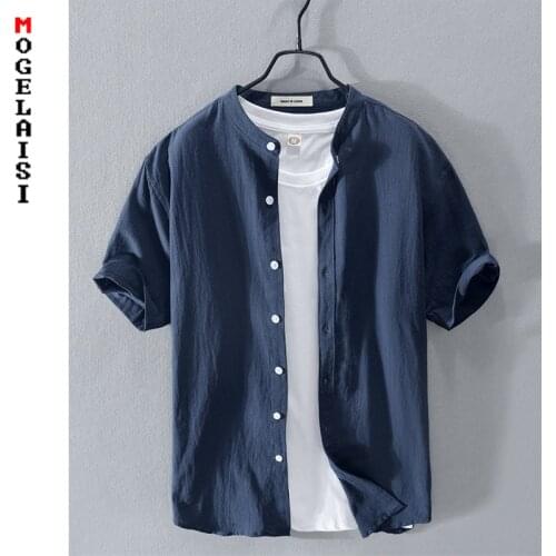 2020 Summer linen shirt men breathable short sleeve white tops shirts for man solid clothing chemise homme RC211