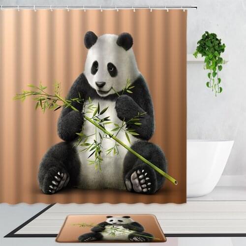 Panda Eating Bamboo Shower Curtains Set Funny Animal Bathroom Decor Non-Slip Carpet Bath Curtain With Hooks Polyester Washable