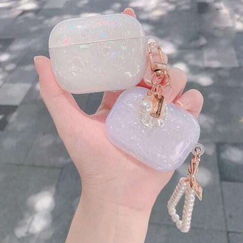 Luxury Glossy Shell Pattern Headset Cover For AirPods Pro 3 Silicone Earphone Protective Cover With Cute Pearl Bracelet Keychain