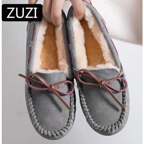 ZUZI 2021 Women Winter Warm 100% Genuine Leather Flat Shoes Casual Loafers Slip on Womens Flats Plush Shoes Moccasins Lady