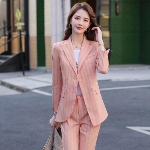 2020 Spring New Arrival Blazer Set Women Jacket Pant Two Piece Set Stripe Double-breasted Work Wear OL Sets