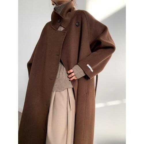 High-end stand collar oblique buckle aura king mid-length double-sided cashmere coat woolen coat female Korean version 21 new