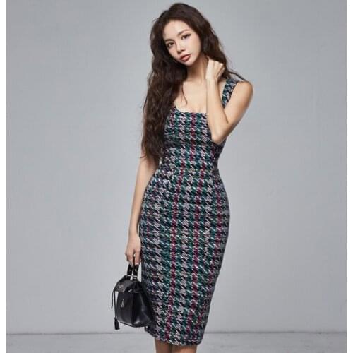 Pencil Dress Summer Elegant Women Fashion Spaghetti Strap Sleeveless Dress Office Lady Temperament Slim Plaid Party Dress