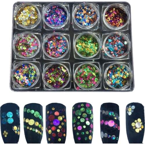 12 boxes/set laser color Mixed Round Thin Embossed stripe sequin Nail Art Glitter Paillette Nail sequins Manicure Decoration