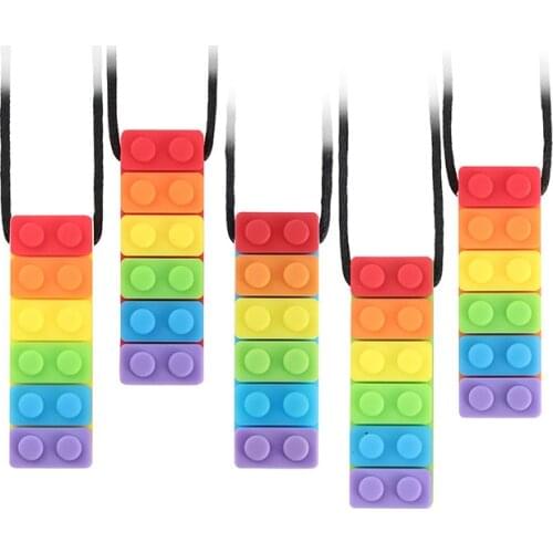 5PCS Rainbow Brick Chew Necklace Baby Silicone Teether Autism Sensory Chew Therapy Tools Kids Chewy Toys