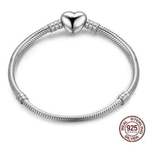 Authenetic 925 Sterling Silver Heart Clasp Snake Chain pan Bracelet Bangle Fit Women Bead Charm Diy Europe Jewelry