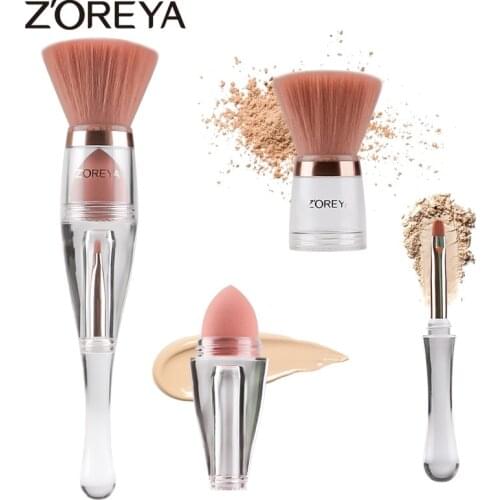 Zoreya Brand 3 In 1 Face Makeup Brushes With Cover Soft Synthetic Hair Eye Shadow Sponge Flat Contour Brush Base Cosmetic Tools