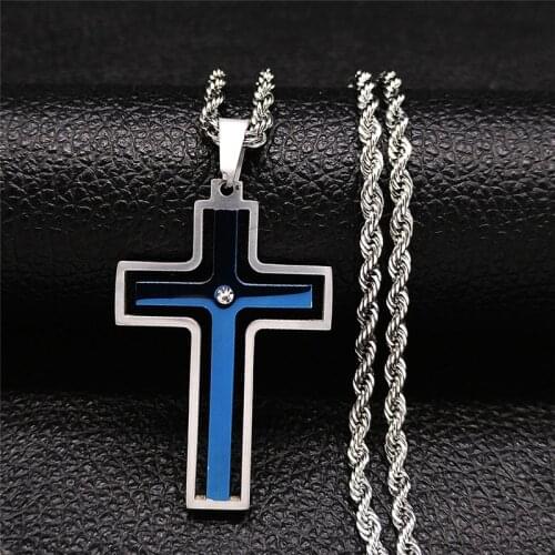 2021 Stainless Steel Cross Christian Necklaces Chain for Women/Men Blue Silver Color Necklace Jewelry catene collane NXS05