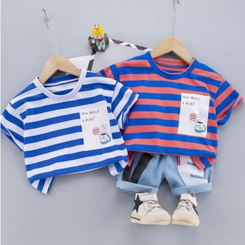 Children Cotton Clothes Baby Boys Sport Cartoon Strips Print T-shirt Short Jeans 2Pcs/Set Infant Kids Fashion Toddler Tracksuits