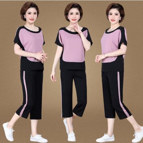 Two Piece Sets Middle-aged Womens Outfits 2021 Summer Casual Short-sleeve T-shirt Top and Pants Suits Tracksuits Women Y817