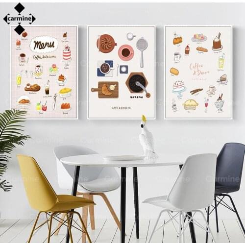Cute Cartoon Menu Wall Art Picture Bakery Kitchen Decor Food Coffee Dessert Art Canvas Painting Bake Shop Poster for Living Room