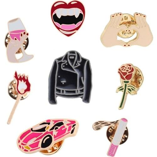 Cartoon Pins and Brooches Lips Wine Cigarette Matches Flower Rose Car Clothes Brooches Badges Pins Collection Women Accessories