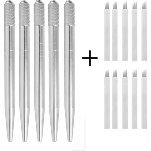 Tattoo Manual Pen Kit 5Pcs Pen and 10Pcs 7Pin Tattoo Needles Set Permanent Makeup Eyebrow Lip Eyeline Microblading Tattoo Supply