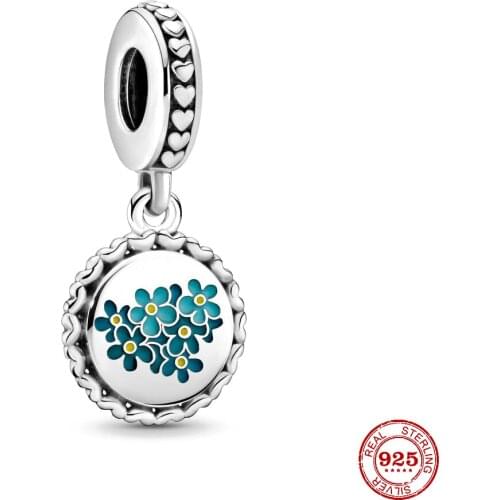 2021 New Blue Forget-Me-Not Flower Dangle Charm Beads fit Original Pandora Charms Silver 925 Bracelet DIY Women Jewelry