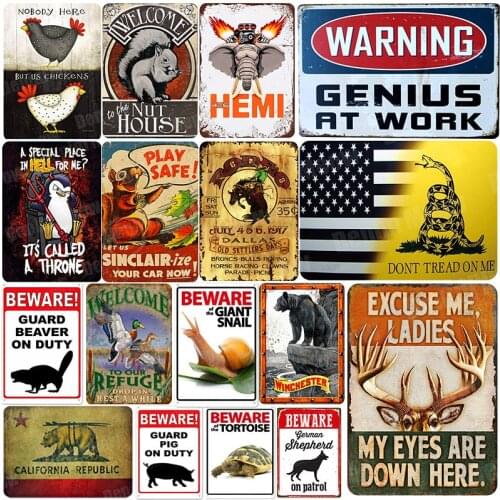 Warning Genius At Work Metal Tin Sign Animal Vintage Wall Decor Plaque Painting Squirrel Beaver Art Craft Pub Home Decor A195