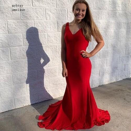 Simple Red Evening Dresses V-neck Mermaid Style Women Formal Party Dresses Backless Long Evening Gowns Vestido De Noite Cheap