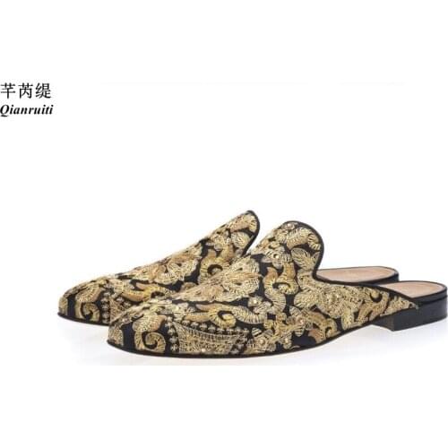 Qianruiti Men Golden Embroidery Mules Slip On Flat Loafers Chaussure Homme Male Shoes Casual Slippers