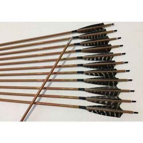 12pcs carbon arrow wood skin arrow shaft spine500 ID6.2mm 5"turkey feather 125/150gr arrowhead for traditional bow