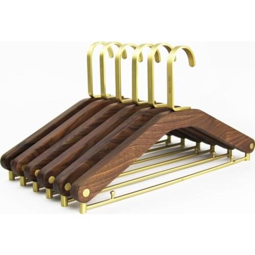 Solid Wood Suit Hangers with Brass Hook Black Walnut Wood Coat Hanger Anti-skid Shoulder Seamless Clothes Drying Rack