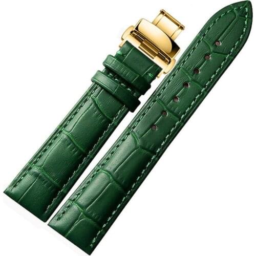 Green, leather watch band, crocodile grain, mens and womens watch belt, leather belt, metal butterfly button, 12141618 20mm