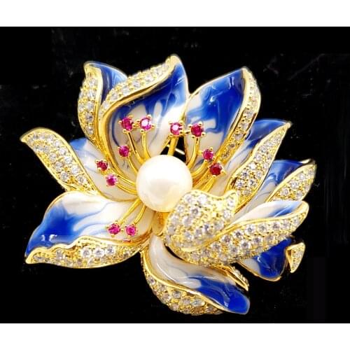 Charming Vintage Blue Enamel Lotus Flower Brooches Water Lily Pins for Women Parties Proms Homecoming Gala Formal Affair Jewelry