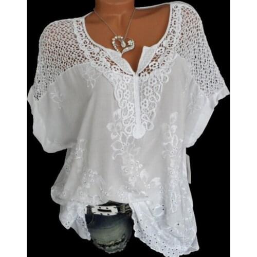Women Blouses Summer White Loose Short Sleeve Tops Lace Patchwork Shirt Plus Size Casual Fashion Womens Clothes S-6XL