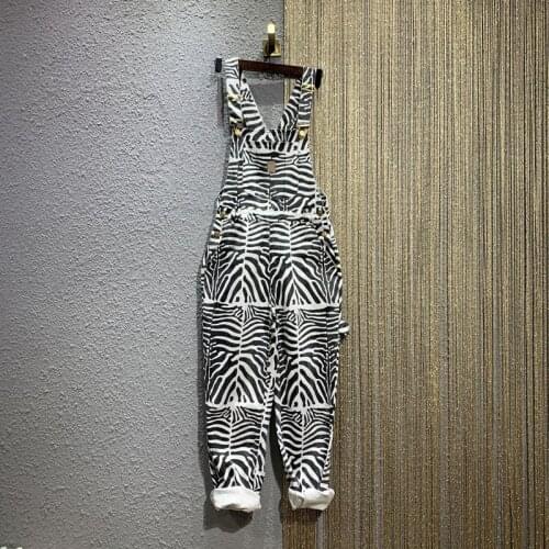 Zebra Print Playsuit Fashion Casual Strap Autumn Streetwear Bodysuit Loose Sleeveless V Neck High Waist Button Women Playsuit