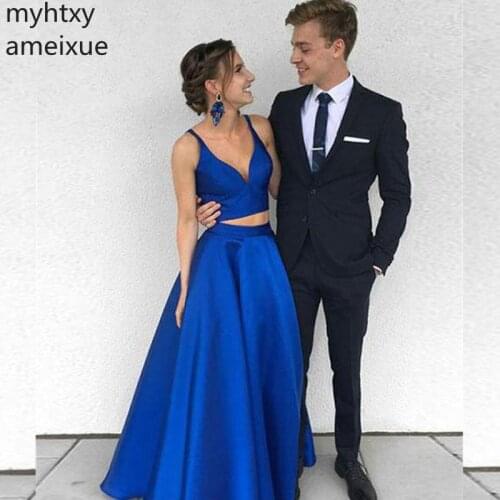 New 2020 Two Piece Straps Royal Blue A Line Satin Evening Dresses Party Prom Formal Gown Plus Size Robe De Soiree Hi Low Dress