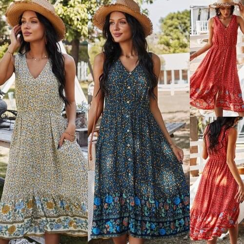 2021 Womens Dress Bohemian V-neck Printed Vestidos