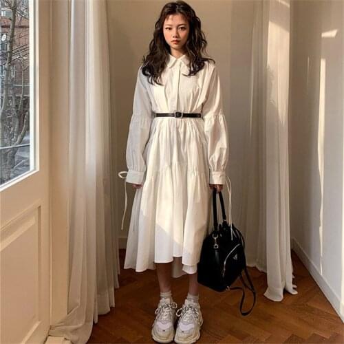 Spring Long Midi Dress Women Vintage Long Sleeve Turn Down Collar Ruched Ruffles Cotton White Dress Lace Up Shirt Dress A987