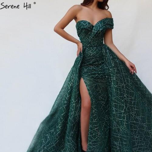 Serene Hill Dubai Green Luxury Sparkle Sexy Evening Dress 2020 One Shoulder Sequined Pearls Formal Party Wear Gown CLA60758