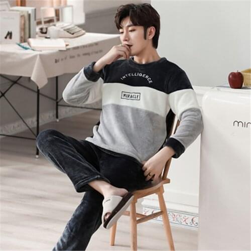 2021 Winter Flannel Pajamas For Men 2 Pieces Suit Warm Home Clothes Sleepwear Long Sleeve Fashion Mens Clothing Pajama Pants