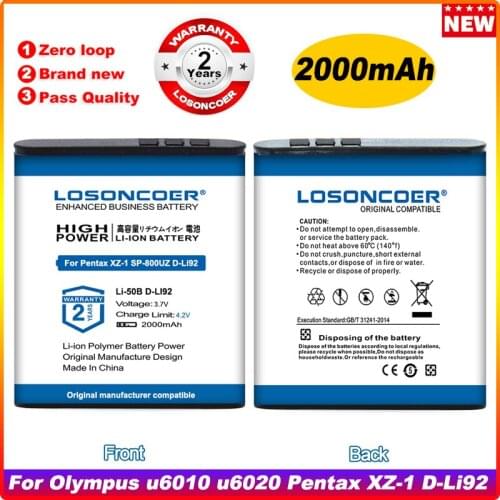 2000mAh Li-50B Li 50B Battery For Olympus U6010 U6020 Pentax XZ-1 SP-800UZ D-Li92 MJU 1010 1020 TG810 VR-340 SZ10 XZ-10,XZ10
