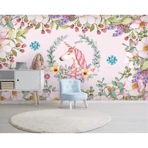 Beibehang Custom High-quality wallpaper Hand Painted Floral Unicorn children room decoration wall papel de parede 3d wallpaper