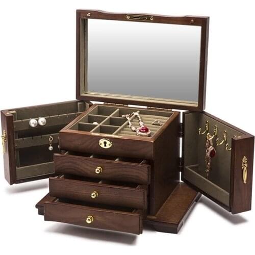 Antique Luxury Real Wood Large Jewellery Storage Case Earrings Ring Bracelet Necklace Jewelry Ornaments Display Organizer
