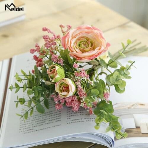 Meldel Wedding Bouquet Bridesmaid Hand Bouquet Artificial Silk Lotus Flower Eucalyptus Leaf White Babys Breath Party Home Decor