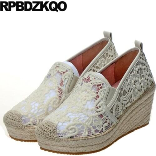 Black size 4 34 platform shoes espadrilles ladies white lace wedge pumps 3 inch beige casual round toe 33 brand 2019 high heels